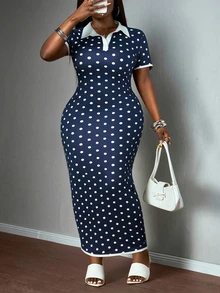 Veslaya Women's Polka Dot Dress Summer Navy Blue Smart Casual Retro 1960s 90s 1950s Vintage Elegant Formal Vacation Midi Bodycon White Edge - Blue and White - View 5