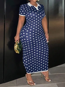 Veslaya Women's Polka Dot Dress Summer Navy Blue Smart Casual Retro 1960s 90s 1950s Vintage Elegant Formal Vacation Midi Bodycon White Edge - Blue and White - View 10