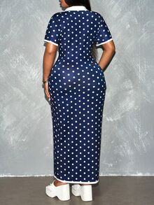 Veslaya Women's Polka Dot Dress Summer Navy Blue Smart Casual Retro 1960s 90s 1950s Vintage Elegant Formal Vacation Midi Bodycon White Edge - Blue and White - View 2