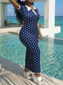 Veslaya Women's Polka Dot Dress Summer Navy Blue Smart Casual Retro 1960s 90s 1950s Vintage Elegant Formal Vacation Midi Bodycon White Edge - Blue and White - View 4