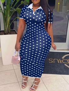Veslaya Women's Polka Dot Dress Summer Navy Blue Smart Casual Retro 1960s 90s 1950s Vintage Elegant Formal Vacation Midi Bodycon White Edge - Blue and White - View 6