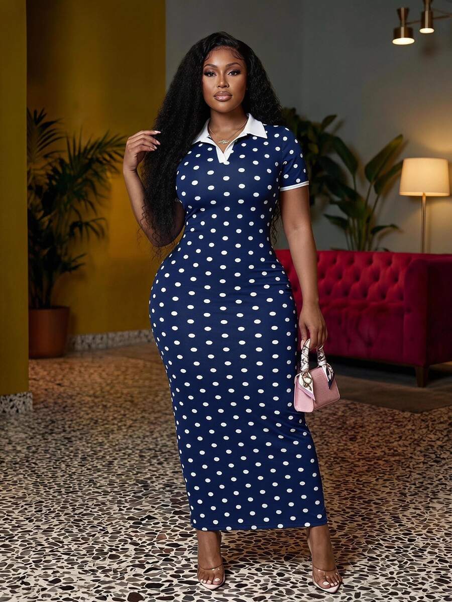 Veslaya Women's Polka Dot Dress Summer Navy Blue Smart Casual Retro 1960s 90s 1950s Vintage Elegant Formal Vacation Midi Bodycon White Edge - Blue and White - View 1