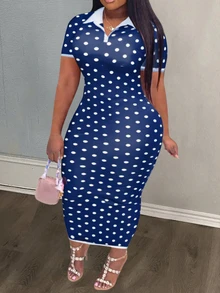 Veslaya Women's Polka Dot Dress Summer Navy Blue Smart Casual Retro 1960s 90s 1950s Vintage Elegant Formal Vacation Midi Bodycon White Edge - Blue and White - View 8