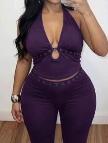 Veslaya 春夏女款大尺碼兩件套，音樂節派對夜店風，性感純色棕色細肩帶上衣配穿孔織帶與喇叭褲 - 紫色 - 查看 3