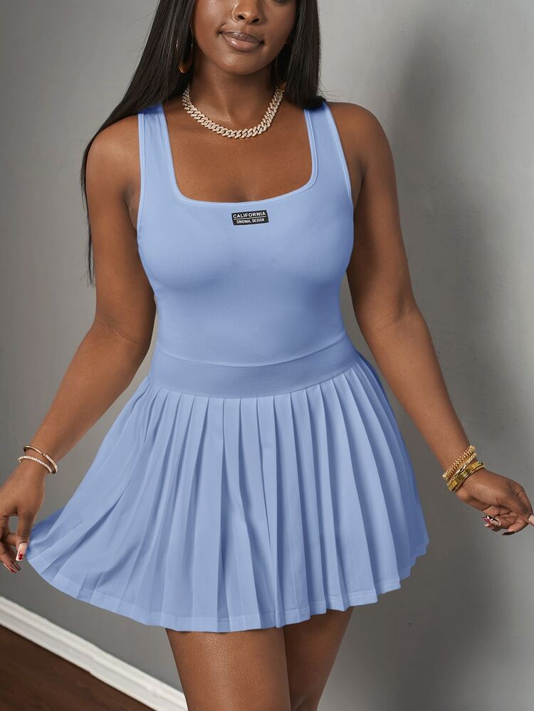 Veslaya Spring Summer Casual Traditional Basic U-Neck Racerback Vest Light Blue Label Text Pleated Skirt Shorts Culottes Knit Fabric Women Mini Dress Tennis - Baby Blue - View 7