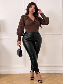 Femmeverse Plus Size Women's Brown Cowl Neck Draped Neck Bodysuit, Lace Puff Long Sleeve Ruched Tummy Control Slim Fit Base Layer Top, Fashion Versatile Winter - Coffee Brown - View 4