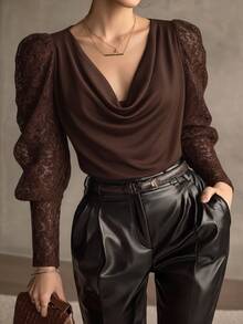 Femmeverse Plus Size Women's Brown Cowl Neck Draped Neck Bodysuit, Lace Puff Long Sleeve Ruched Tummy Control Slim Fit Base Layer Top, Fashion Versatile Winter - Coffee Brown - View 3