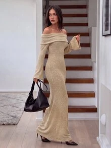 Aloruh Women's Autumn/Winter Off-Shoulder Turtleneck Maxi Knitted Sweater Dress, Fall And Winter, Elegant, Camel, Longsleeve - Khaki - View 5
