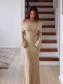 Aloruh Women's Autumn/Winter Off-Shoulder Turtleneck Maxi Knitted Sweater Dress, Fall And Winter, Elegant, Camel, Longsleeve - Khaki - View 4