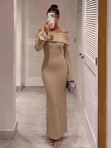 Aloruh Women's Autumn/Winter Off-Shoulder Turtleneck Maxi Knitted Sweater Dress, Fall And Winter, Elegant, Camel, Longsleeve - Khaki - View 3
