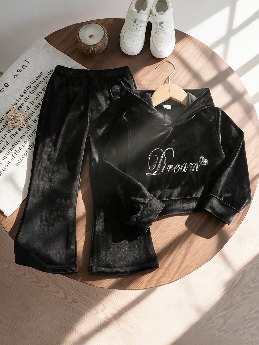 Girls Black Velvet Hooded 2 Pieces Set, Hooded Long Sleeve Cropped Sweatshirt With Rhinestone Letter Print And Glitter Accents, Simple And Sweet, Matching Black Flared Pants In Same Fabric, Complete Outfit For Spring/Autumn/Early Winter, Daily Wear And Gatherings - Black - View 1