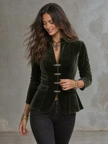 Solivie 女款秋季天鵝絨青蛙鈕扣設計夾克 秋冬服飾 冬季派對外出上班上衣 基本襯衫 深綠色 優雅 - 綠色 - 查看 3