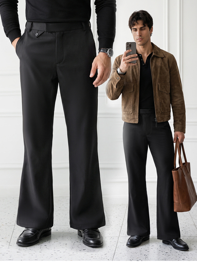 HUEFORM Pantalones de traje acampanados vintage negros para hombre, detalle de solapa triangular en la cintura, pierna ligeramente acampanada con drapeado, estilo casual de lujo premium para desplazamientos, estilo relajado de dinero antiguo