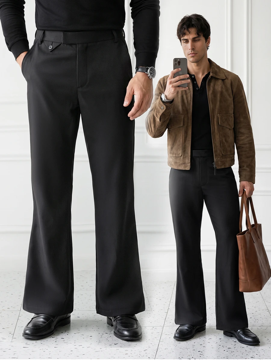HUEFORM Men's Black Vintage Flare Suit Pants, Triangular Flap Waist Detail, Draped Slightly Flared Leg, Premium Commuter Casual Luxury Old Money Relaxed Style - Black - View 1