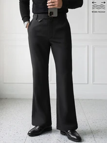 HUEFORM Men's Black Vintage Flare Suit Pants, Triangular Flap Waist Detail, Draped Slightly Flared Leg, Premium Commuter Casual Luxury Old Money Relaxed Style - Black - View 3