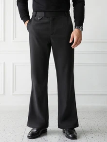 HUEFORM Men's Black Vintage Flare Suit Pants, Triangular Flap Waist Detail, Draped Slightly Flared Leg, Premium Commuter Casual Luxury Old Money Relaxed Style - Black - View 5