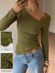 Allurite Contrast Lace Asymmetrical Neck Top Night Out Olive Green Autumn Sexy - Green - View 1