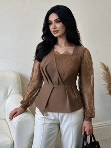 Modelyn Plus Size Women's Brown Woven Patchwork Dyed Brown Lace Long Sleeve Lantern Sleeve Cinched Waist A-Line Commuter Casual Top - Brown - View 7