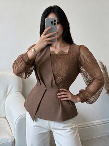 Modelyn Plus Size Women's Brown Woven Patchwork Dyed Brown Lace Long Sleeve Lantern Sleeve Cinched Waist A-Line Commuter Casual Top - Brown - View 8