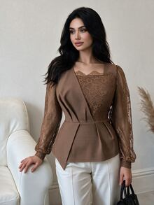 Modelyn Plus Size Women's Brown Woven Patchwork Dyed Brown Lace Long Sleeve Lantern Sleeve Cinched Waist A-Line Commuter Casual Top - Brown - View 4