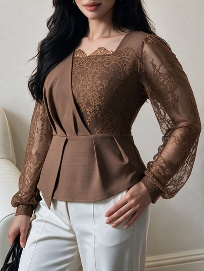 Modelyn Plus Size Women's Brown Woven Patchwork Dyed Brown Lace Long Sleeve Lantern Sleeve Cinched Waist A-Line Commuter Casual Top