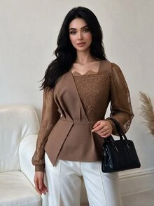 Modelyn Plus Size Women's Brown Woven Patchwork Dyed Brown Lace Long Sleeve Lantern Sleeve Cinched Waist A-Line Commuter Casual Top - Brown - View 9
