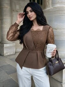 Modelyn Plus Size Women's Brown Woven Patchwork Dyed Brown Lace Long Sleeve Lantern Sleeve Cinched Waist A-Line Commuter Casual Top - Brown - View 5