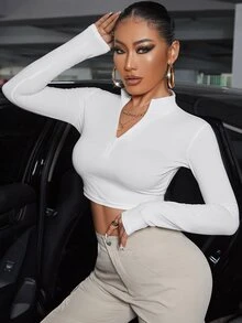 SHEIN SXY Autumn And Turtleneck Half-Zip Short White Long-Sleeved T-Shirt Gym Casual Sexy Club Night Out - White - View 4