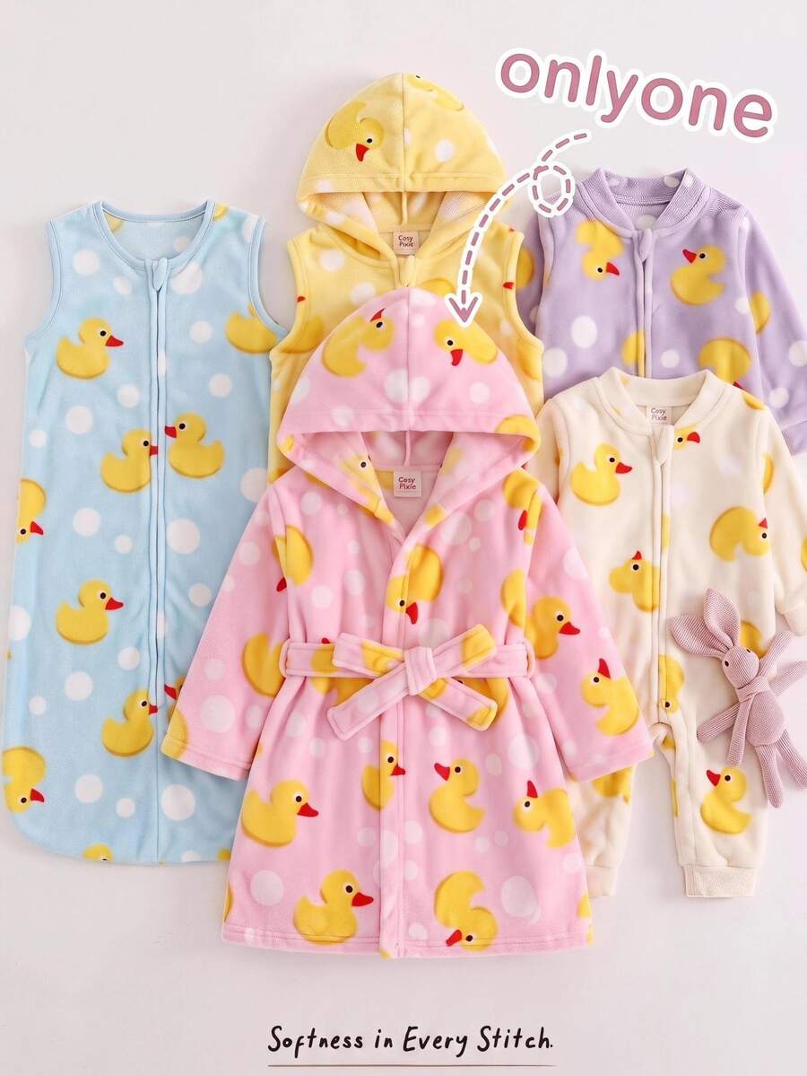 SHEIN Kids Kids Kids Infant Cute Cartoon Duck Pattern Fluffy Loungewear Autumn Pajamas - Pink - View 1