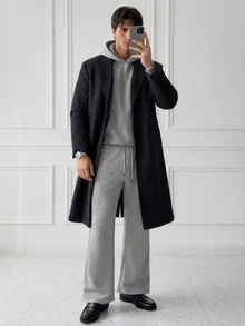 HUEFORM Men's Light Gray Linen-Like Flare Sweatpants, Elastic Waist With Drawstring, Draped Casual Pants, Minimalist Versatile Loose Floor-Length Trouser - Light Grey - View 3