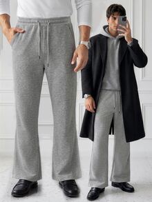 HUEFORM Men's Light Gray Linen-Like Flare Sweatpants, Elastic Waist With Drawstring, Draped Casual Pants, Minimalist Versatile Loose Floor-Length Trouser - Light Grey - View 5