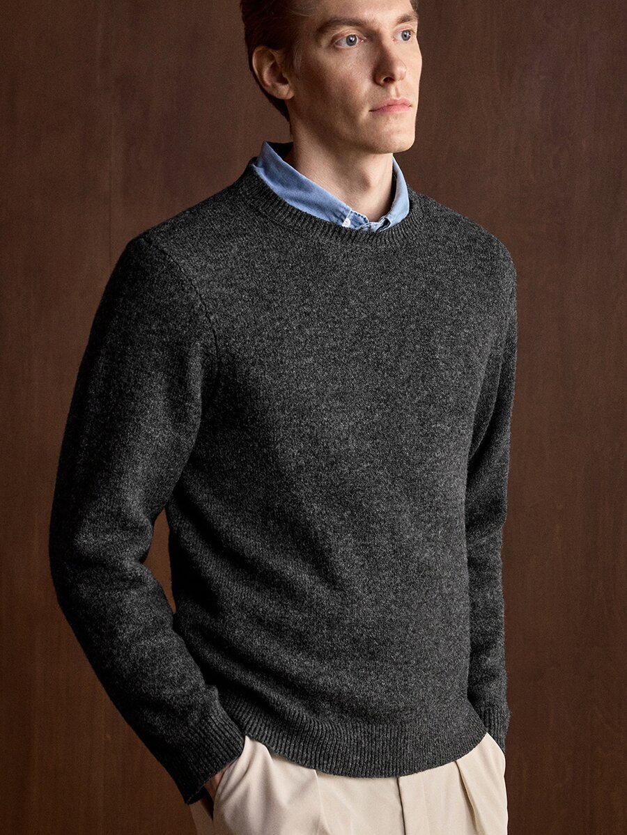 Manfinity CityGents Men's Solid Color Crew Neck Long Sleeve Casual Versatile Sweater - Dark Grey - View 1