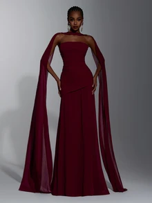 Elitara Elegant Romantic Sophisticated Burgundy Purple Chiffon Ruched Strapless Full Skirt With Detachable Train And Removable Cape, Suitable For Date, Vacation, Wedding, Business Banquet, Formal Evening Gown - Red Violet - View 7