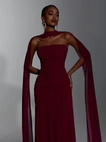 Elitara Elegant Romantic Sophisticated Burgundy Purple Chiffon Ruched Strapless Full Skirt With Detachable Train And Removable Cape, Suitable For Date, Vacation, Wedding, Business Banquet, Formal Evening Gown - Red Violet - View 4