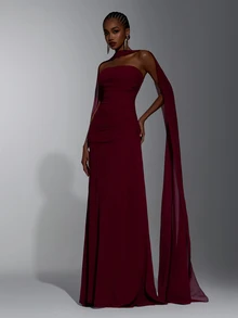 Elitara Elegant Romantic Sophisticated Burgundy Purple Chiffon Ruched Strapless Full Skirt With Detachable Train And Removable Cape, Suitable For Date, Vacation, Wedding, Business Banquet, Formal Evening Gown - Red Violet - View 5