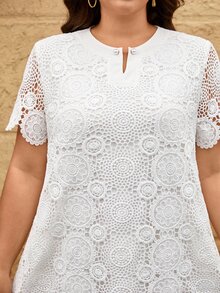 Reflora Plus Size White Summer Elegant Silky Wedding Mother Of The Bride Bridal Women Lace Round Neck Short Sleeve Ruffle Hem A-Line Dress Formal Prom Gowns - White - View 7