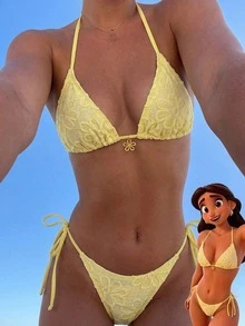 SHEIN Swim 2件套纯色向日葵图案三角挂脖式前胸时尚金属花朵装饰可爱网红度假比基尼泳装女款 - 黃色 - 查看 1