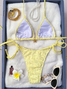 SHEIN Swim 2件套纯色向日葵图案三角挂脖式前胸时尚金属花朵装饰可爱网红度假比基尼泳装女款 - 黃色 - 查看 2