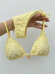 SHEIN Swim 2件套纯色向日葵图案三角挂脖式前胸时尚金属花朵装饰可爱网红度假比基尼泳装女款 - 黃色 - 查看 7