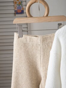 SHEIN Girls' Letter Flocked Jacquard Short Knit Sweater & Wide Leg Long Pants 2 Pieces Set, Round Neck Drop Shoulder Loose Textured Knit Outfit, Children's Fashion Casual Wear - Apricot - View 6