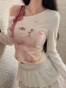 FRIFUL Kaos Lengan Panjang Kasual Wanita Motif Kucing dengan Bahu Asimetris untuk Sehari-hari - Putih - View 7