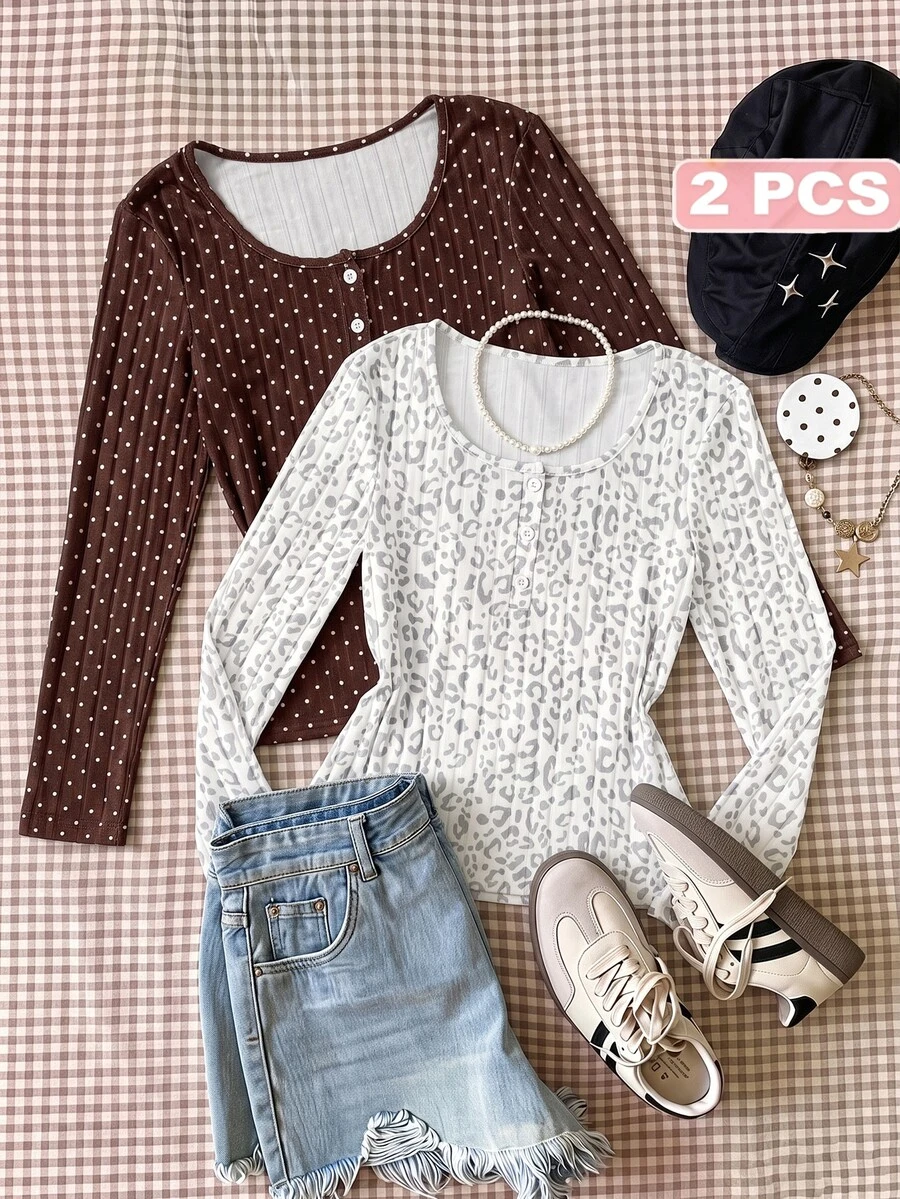 SHEIN Teen Girls Round Neck Printed T-Shirt 2pcs Set, Cute Pattern Loose Casual Top, Versatile For Autumn - Multicolor - View 1