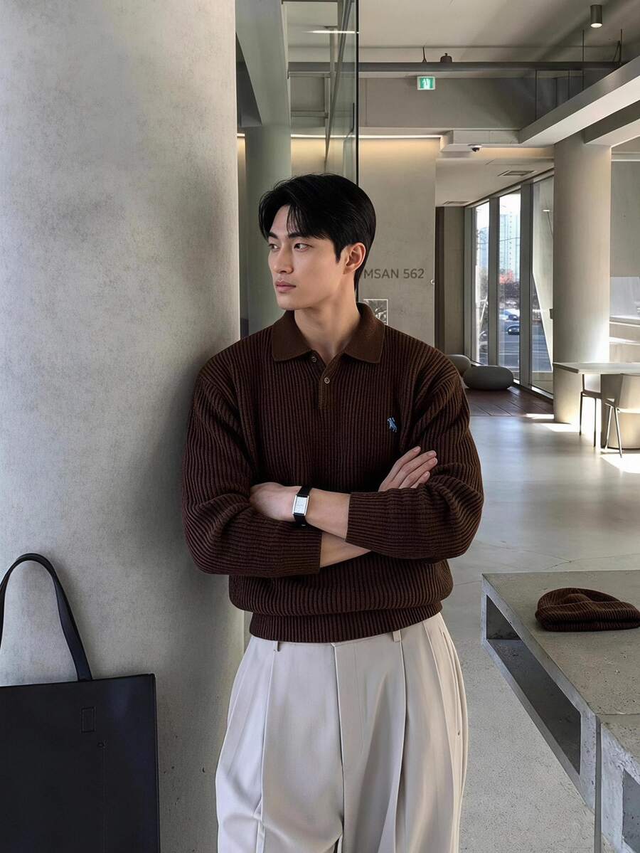 Claim Dot Men's Casual Formal Old Money Versatile Solid Color Brown Sweater, Autumn/Winter - Brown - View 1