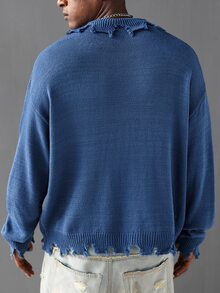 Claim Dot 男士休闲百搭纯色破洞开衫 男士蓝色开衫 - 霧霾藍 - 查看 2