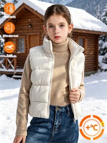 SHEIN Tween Girl Clothes Girls Gilet Body Warmer Puffer Vest Fleece Lined Autumn Gym Workout Off-White Modest Cute Cool Graphic School Student - Beige - View 9