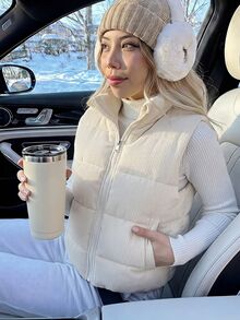 SHEIN Tween Girl Clothes Girls Gilet Body Warmer Puffer Vest Fleece Lined Autumn Gym Workout Off-White Modest Cute Cool Graphic School Student - Beige - View 5