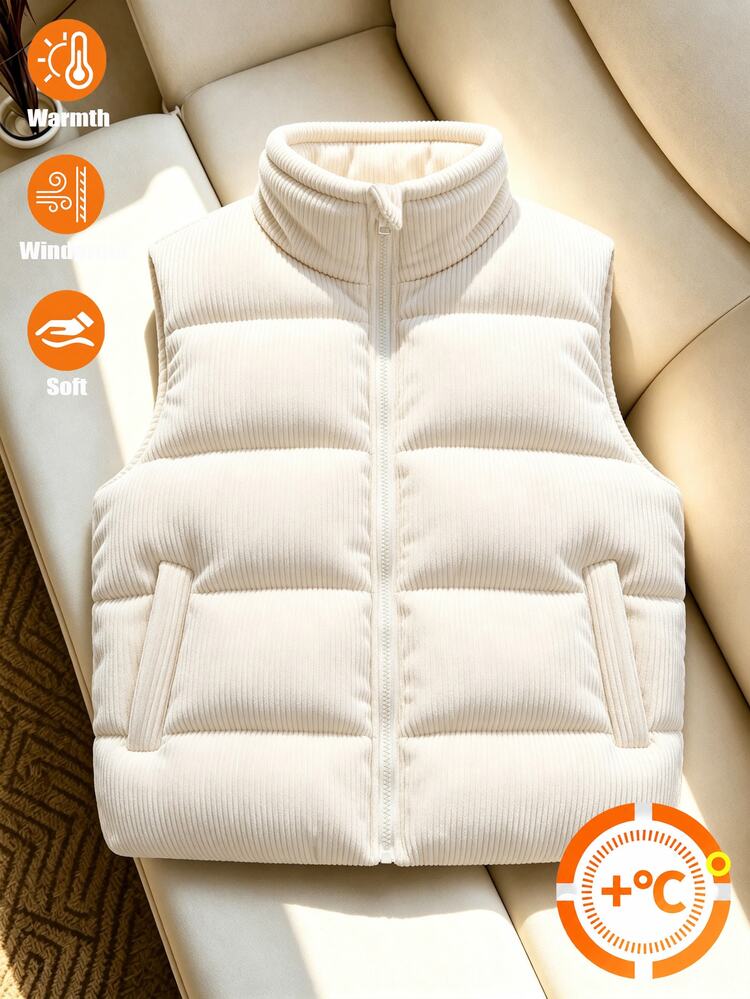 SHEIN Tween Girl Clothes Girls Gilet Body Warmer Puffer Vest Fleece Lined Autumn Gym Workout Off-White Modest Cute Cool Graphic School Student - Beige - View 6