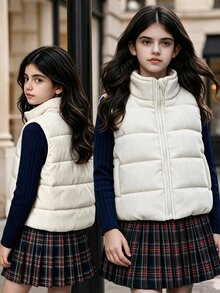 SHEIN Tween Girl Clothes Girls Gilet Body Warmer Puffer Vest Fleece Lined Autumn Gym Workout Off-White Modest Cute Cool Graphic School Student - Beige - View 2