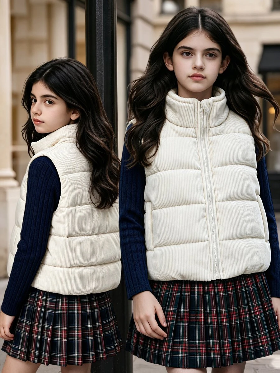 SHEIN Tween Girl Clothes Girls Gilet Body Warmer Puffer Vest Fleece Lined Autumn Gym Workout Off-White Modest Cute Cool Graphic School Student