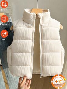 SHEIN Tween Girl Clothes Girls Gilet Body Warmer Puffer Vest Fleece Lined Autumn Gym Workout Off-White Modest Cute Cool Graphic School Student - Beige - View 11